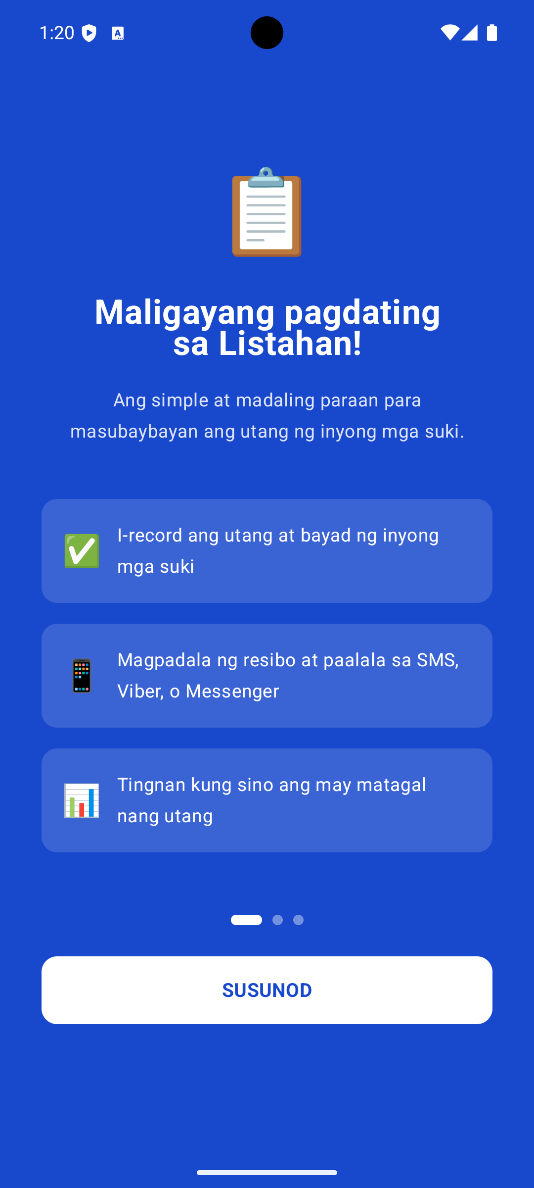 Kwentahan App — Welcome screen na nagpapakita ng mga features