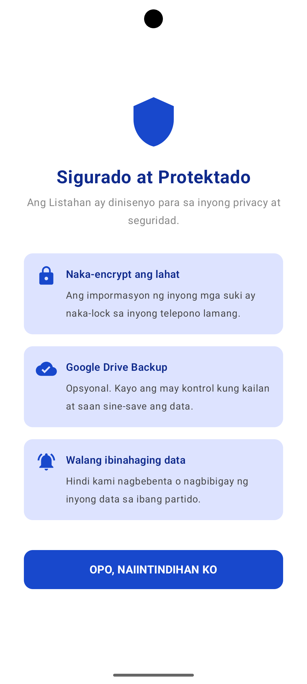 Kwentahan App — Sigurado at Protektado security screen