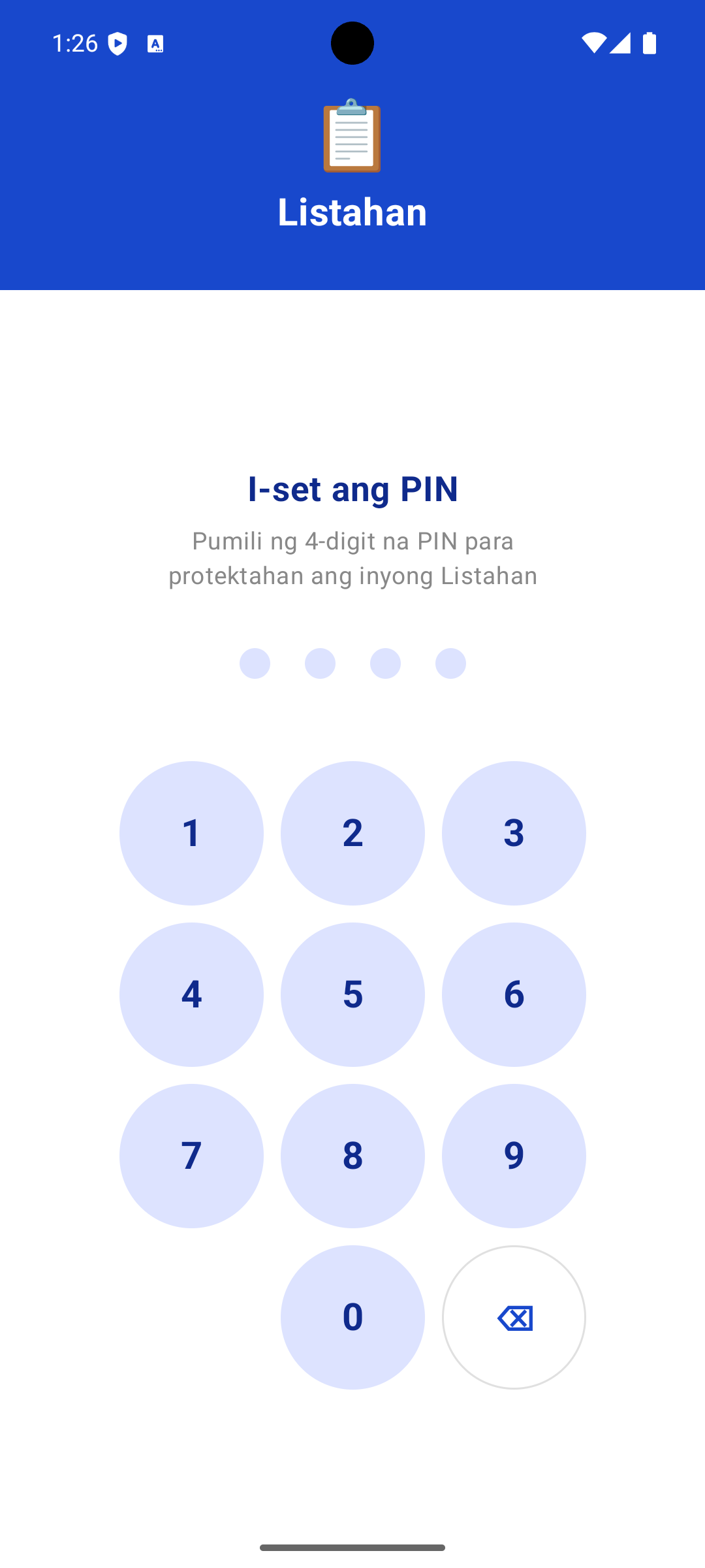 Kwentahan App — I-set ang PIN screen na may 4-digit keypad