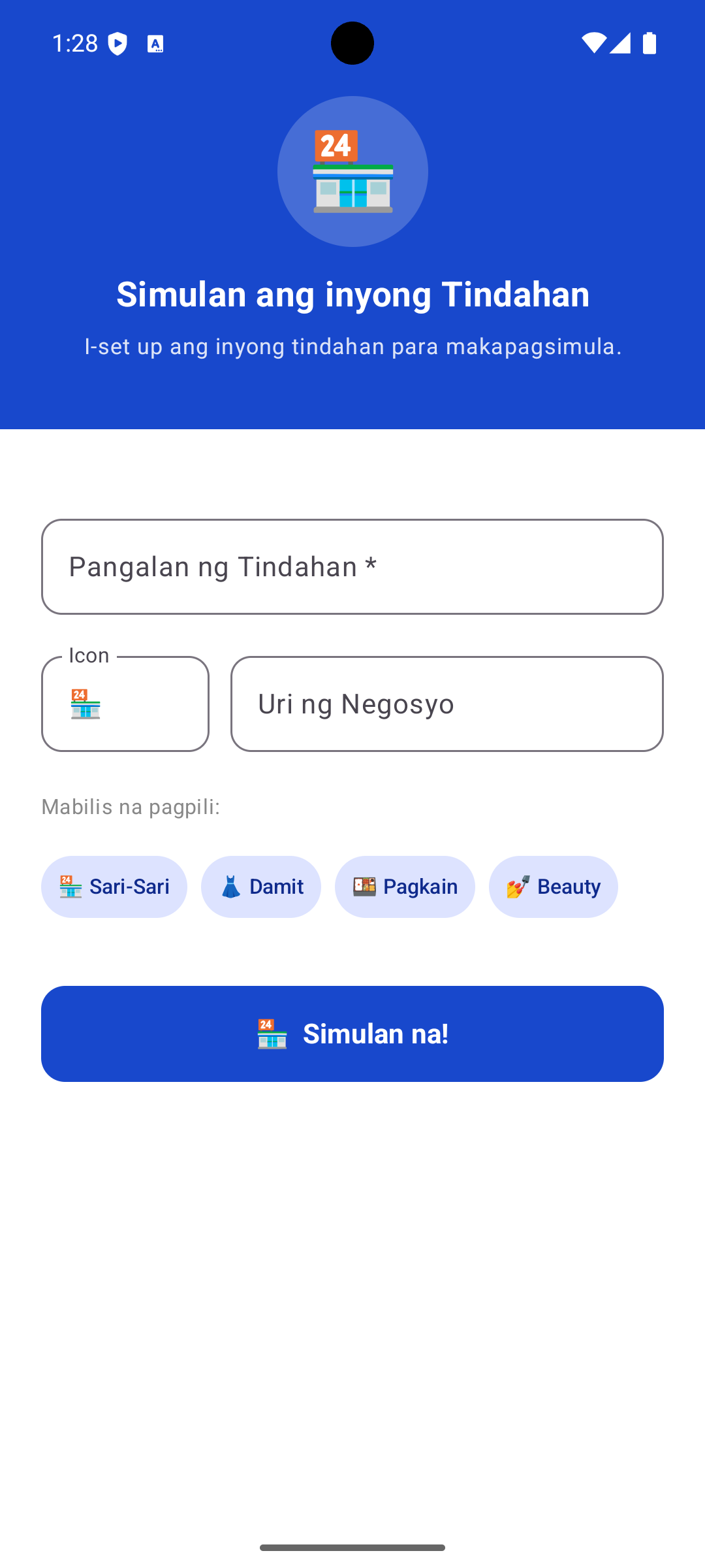 Kwentahan App — Simulan ang inyong Tindahan setup screen