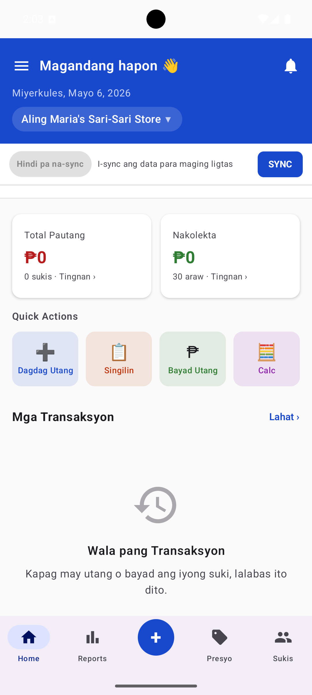Kwentahan App — Home screen na nagpapakita ng Quick Actions, Total Pautang, at Nakolekta